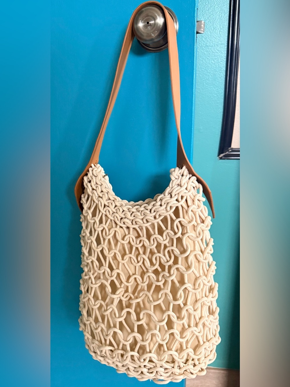 Sun N’ Sand Cream Macramé Shoulder Bag with Tan Leather Strap